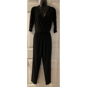 White House Black Market Black V-Neck Faux Wrap Draped Jumpsuit - Size 0